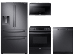 Samsung Food Showcase 4-Door Refrigerator + Slide-in Gas Range with Air Fry + StormWash™ Dishwasher + Microwave in Stainless Steel