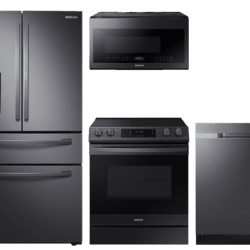 Samsung Food Showcase 4-Door Refrigerator + Slide-in Gas Range with Air Fry + StormWash™ Dishwasher + Microwave in Stainless Steel