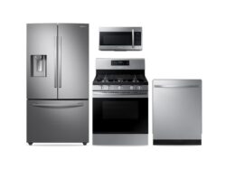 Samsung Large Capacity 3-door Refrigerator + Electric Range with Convection + StormWash™ Dishwasher + Microwave in Black Stainless