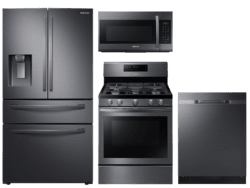 samsung Large Capacity 4-door Refrigerator + Gas Range with Convection + StormWash™ Dishwasher + Microwave in Black Stainless