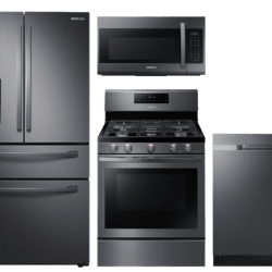 samsung Large Capacity 4-door Refrigerator + Gas Range with Convection + StormWash™ Dishwasher + Microwave in Black Stainless