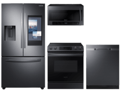 samsung 3-door Family Hub™ Refrigerator + Slide-in Gas Range with Wi-Fi + StormWash™ Dishwasher + Microwave in Black Stainless