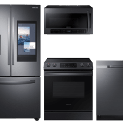 samsung 3-door Family Hub™ Refrigerator + Slide-in Electric Range with Wi-Fi + StormWash™ Dishwasher + Microwave in Black Stainless