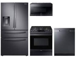 Samsung Food Showcase 4-Door Refrigerator + Slide-in Electric Range with Air Fry + StormWash™ Dishwasher + Microwave in Black Stainless