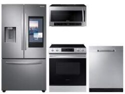 Samsung 3-door Family Hub™ Refrigerator + Slide-in Electric Range with Wi-Fi + StormWash™ Dishwasher + Microwave in Stainless Steel