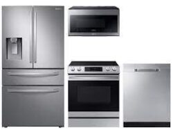 Samsung Food Showcase 4-Door Refrigerator + Slide-in Electric Range with Air Fry + StormWash™ Dishwasher + Microwave in Stainless Steel