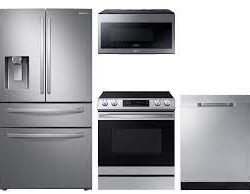 Samsung Food Showcase 4-Door Refrigerator + Slide-in Electric Range with Air Fry + StormWash™ Dishwasher + Microwave in Stainless Steel