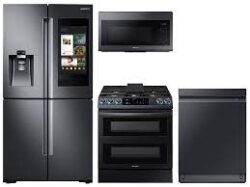 samsung Family Hub™ 4-Door Flex™ Refrigerator + Flex Duo™ Slide-in Gas Range with Smart Dial & Air Fry + Linear Wash Dishwasher + Microwave in Black Stainless