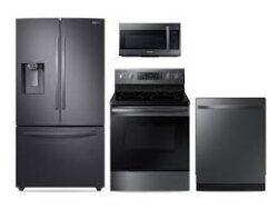 samsung Large Capacity 3-door Refrigerator + Electric Range with Convection + StormWash™ Dishwasher + Microwave in Black Stainless