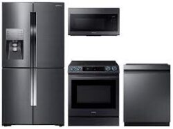 samsung 4-Door Flex™ Refrigerator + Slide-in Electric Range with Smart Dial & Air Fry + Dishwasher + Microwave in Stainless Steel
