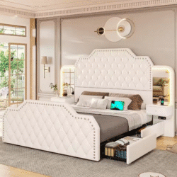 Queen Size 53” Tall Platform Bed Frame With 4 Storage Drawers