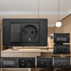 118mm EU Household German Standard Black PC flame retardant panel 16A 2-hole Power Plug Wall Socket
