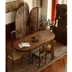 Retro French Solid Wood Stone Plate Ellipse Dining Table