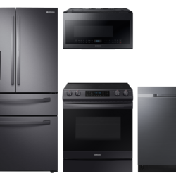 Samsung Food Showcase 4-Door Refrigerator + Slide-in Gas Range with Air Fry + StormWash™ Dishwasher + Microwave in Stainless Steel