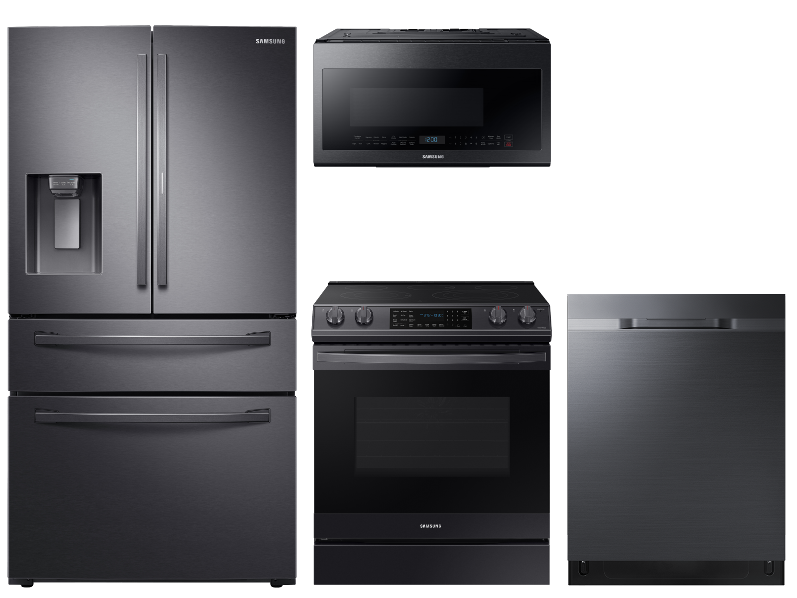 Samsung Food Showcase 4-Door Refrigerator + Slide-in Gas Range with Air Fry + StormWash™ Dishwasher + Microwave in Stainless Steel