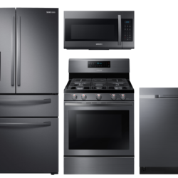 samsung Large Capacity 4-door Refrigerator + Gas Range with Convection + StormWash™ Dishwasher + Microwave in Black Stainless