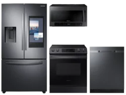 Samsung 3-door Family Hub™ Refrigerator + Slide-in Electric Range with Wi-Fi + StormWash™ Dishwasher + Microwave in Black Stainless