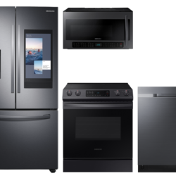 samsung 3-door Family Hub™ Refrigerator + Slide-in Gas Range with Wi-Fi + StormWash™ Dishwasher + Microwave in Black Stainless