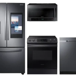 Samsung 3-door Family Hub™ Refrigerator + Slide-in Electric Range with Wi-Fi + StormWash™ Dishwasher + Microwave in Black Stainless