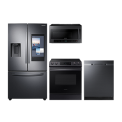 Samsung 3-door Family Hub™ Refrigerator + Slide-in Electric Range with Wi-Fi + StormWash™ Dishwasher + Microwave in Black Stainless