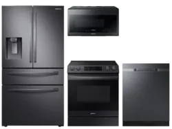 Samsung Food Showcase 4-Door Refrigerator + Slide-in Gas Range with Air Fry + StormWash™ Dishwasher + Microwave in Black Stainless