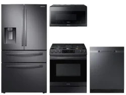 samsung Food Showcase 4-Door Refrigerator + Slide-in Electric Range with Air Fry + StormWash™ Dishwasher + Microwave in Black Stainless