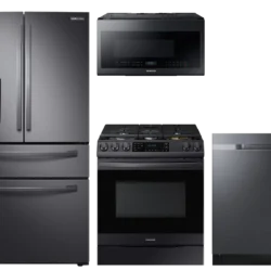 samsung Food Showcase 4-Door Refrigerator + Slide-in Electric Range with Air Fry + StormWash™ Dishwasher + Microwave in Black Stainless