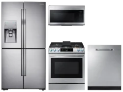Samsung 4-Door Flex™ Refrigerator + Slide-in Gas Range with Smart Dial & Air Fry + Dishwasher + Microwave in Stainless Steel