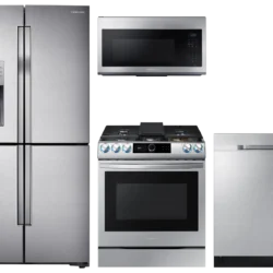 Samsung 4-Door Flex™ Refrigerator + Slide-in Gas Range with Smart Dial & Air Fry + Dishwasher + Microwave in Stainless Steel