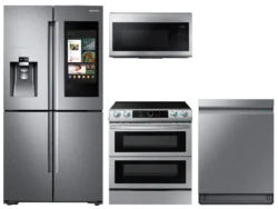 Family Hub™ 4-Door Flex™ Refrigerator + Flex Duo™ Slide-in Electric Range with Smart Dial & Air Fry + Linear Wash Dishwasher + Microwave in Stainless Steel