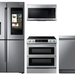 Family Hub™ 4-Door Flex™ Refrigerator + Flex Duo™ Slide-in Electric Range with Smart Dial & Air Fry + Linear Wash Dishwasher + Microwave in Stainless Steel