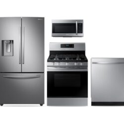 Samsung Large Capacity 3-door Refrigerator + Electric Range with Convection + StormWash™ Dishwasher + Microwave in Black Stainless