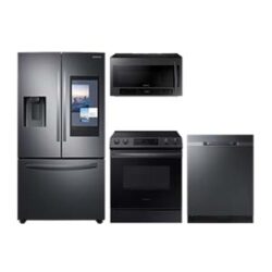 samsung 3-door Family Hub™ Refrigerator + Slide-in Gas Range with Wi-Fi + StormWash™ Dishwasher + Microwave in Black Stainless
