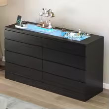Commercial Smart 8 Drawer White Dresser with Power Outlet, with Glass Top &LED Light for Bedroom