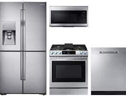 Samsung 4-Door Flex™ Refrigerator + Slide-in Electric Range with Smart Dial & Air Fry + Dishwasher + Microwave in Stainless Steel