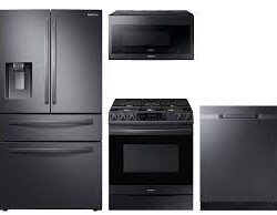 Samsung Food Showcase 4-Door Refrigerator + Slide-in Electric Range with Air Fry + StormWash™ Dishwasher + Microwave in Black Stainless