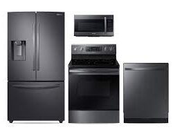 samsung Large Capacity 3-door Refrigerator + Electric Range with Convection + StormWash™ Dishwasher + Microwave in Black Stainless