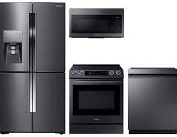 samsung 4-Door Flex™ Refrigerator + Slide-in Electric Range with Smart Dial & Air Fry + Dishwasher + Microwave in Stainless Steel